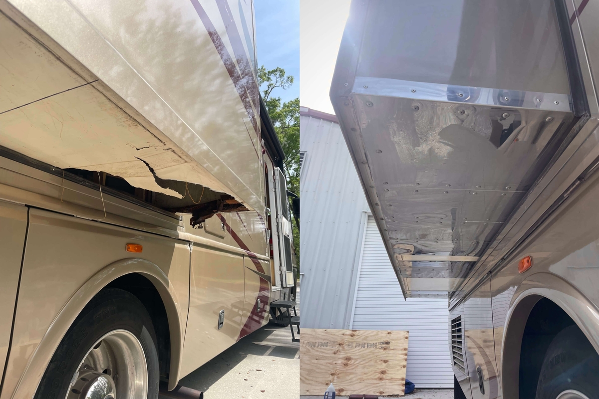 The Proven Fix for Slide-Out Floor Rot Before and after photo of an RV slide-out floor with severe rot damage that has been using Guardian Plates.