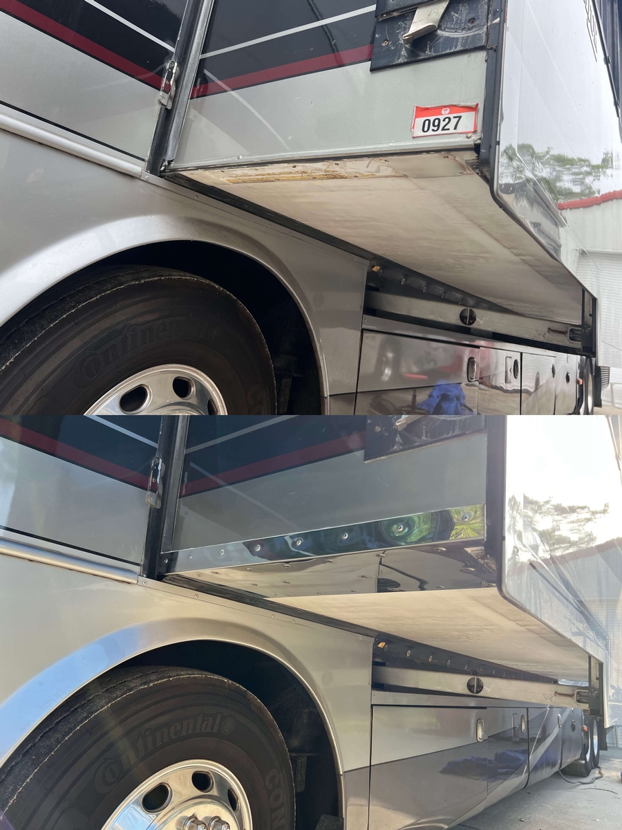 Before and after photo of an RV slide-out floor that has been restored using Guardian Plates.