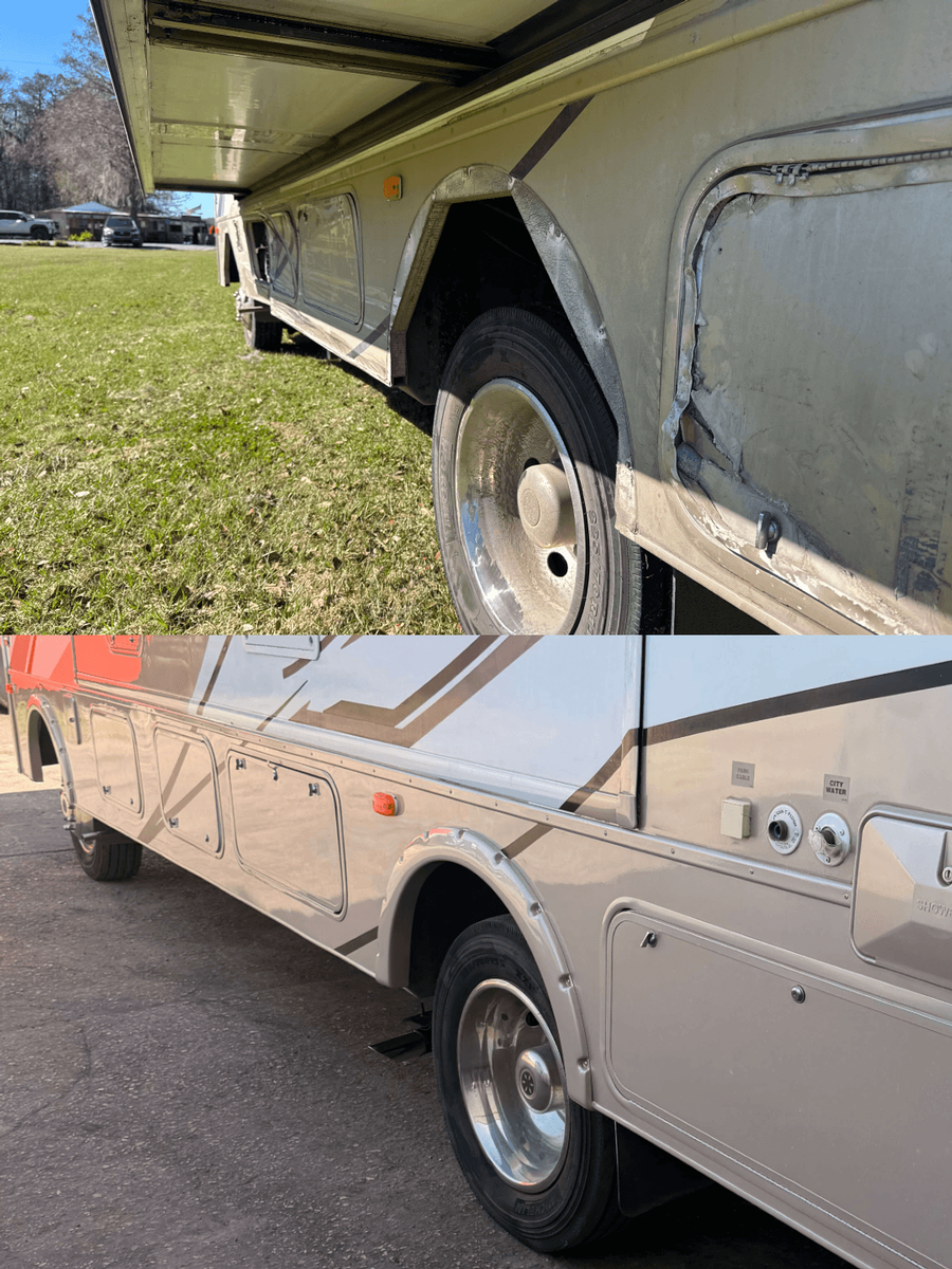RV Collision Repair in Florida - Before & After photo of a dent, scratch, and paint repair job done by Talin RV Service